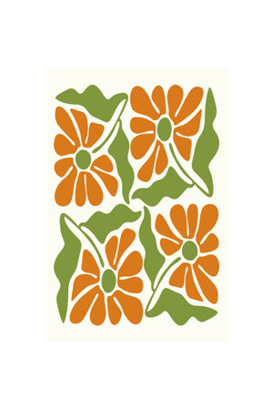 Minimalist flower illustration with bold colors and organic shapes. Minimalist boho abstract floral illustration in retro mid century styleのイラスト素材