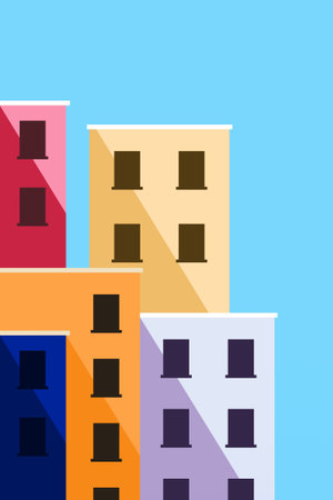 Minimalist flat design of colorful city buildings under clear blue sky. Colorful Flat City Building Illustrationのイラスト素材