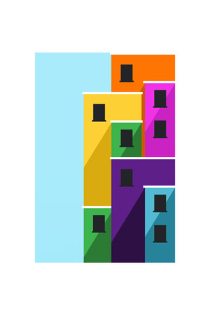 Minimalist flat design of colorful city buildings under clear blue sky. Colorful Flat City Building Illustrationのイラスト素材
