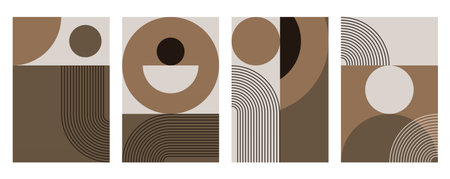 Abstract boho retro wall art with geometric shapes in warm brown tones. Boho geometric retro arch wall printのイラスト素材