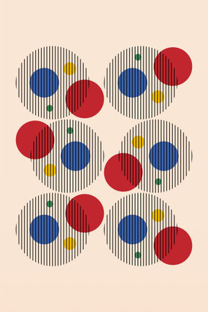 Abstract geometric artwork with colorful circles, half shapes, lines, and bold repetition inspired...