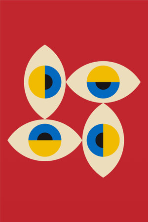 Abstract geometric artwork with colorful circles, half shapes, lines, and bold repetition inspired by Bauhaus modern designのイラスト素材