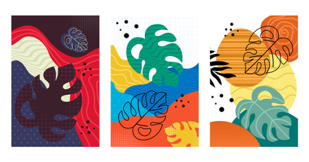 Modern Tropical Abstract Illustration with Artistic Leaf Motifs. Abstract Tropical Wall Art with...