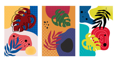 Modern Tropical Abstract Illustration with Artistic Leaf Motifs. Abstract Tropical Wall Art with...
