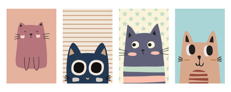 Kawaii cat vector illustration in flat modern style. Cute cartoon cat illustration in flat style with plain backgroundのイラスト素材