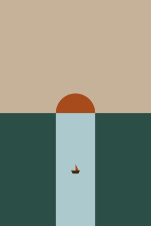 Geometric Sea and Sky Illustrations. Minimalist Ocean Boat Sunset Wall Art Decorのイラスト素材