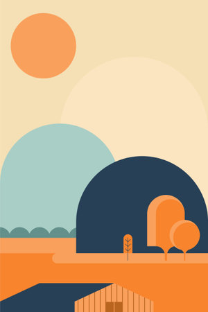 Flat Minimalist Colorful Landscape Poster for Home and Office Wall Decor. Contemporary Flat Minimalist Mountain Landscape Wall Poster Designのイラスト素材