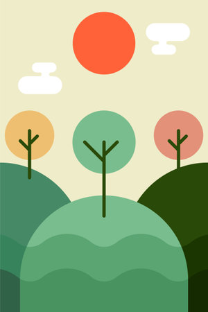 Flat Minimalist Colorful Landscape Poster for Home and Office Wall Decor. Contemporary Flat Minimalist Mountain Landscape Wall Poster Designのイラスト素材