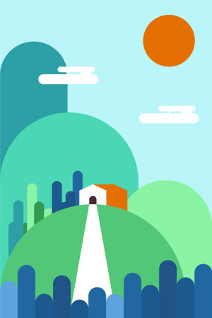 Flat Minimalist Colorful Landscape Poster for Home and Office Wall Decor. Contemporary Flat Minimalist Mountain Landscape Wall Poster Designのイラスト素材