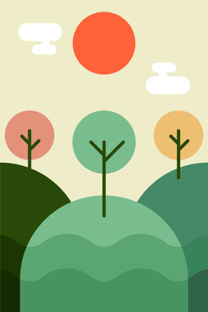 Flat Minimalist Colorful Landscape Poster for Home and Office Wall Decor. Contemporary Flat Minimalist Mountain Landscape Wall Poster Designのイラスト素材