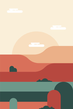 Flat Minimalist Colorful Landscape Poster for Home and Office Wall Decor. Contemporary Flat Minimalist Mountain Landscape Wall Poster Designのイラスト素材