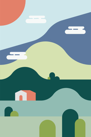 Flat Minimalist Colorful Landscape Poster for Home and Office Wall Decor. Contemporary Flat Minimalist Mountain Landscape Wall Poster Designのイラスト素材