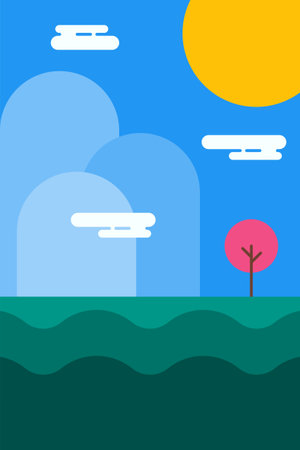 Flat Minimalist Colorful Landscape Poster for Home and Office Wall Decor. Contemporary Flat Minimalist Mountain Landscape Wall Poster Designのイラスト素材