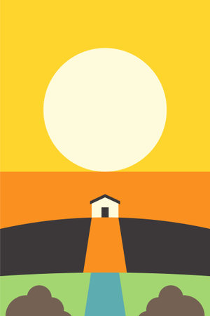 Flat Minimalist Colorful Landscape Poster for Home and Office Wall Decor. Contemporary Flat Minimalist Mountain Landscape Wall Poster Designのイラスト素材