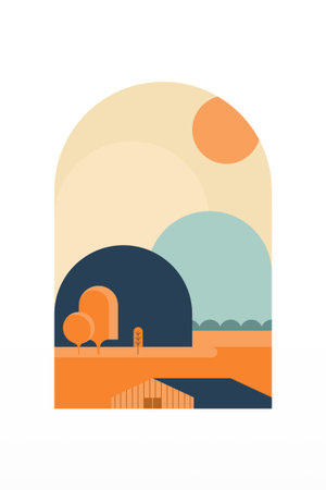 Flat Minimalist Colorful Landscape Poster for Wall Art Decor. Contemporary Flat Minimalist Mountain Landscape Wall Art Poster Designのイラスト素材