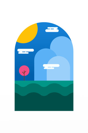 Flat Minimalist Colorful Landscape Poster for Wall Art Decor. Contemporary Flat Minimalist Mountain Landscape Wall Art Poster Designのイラスト素材