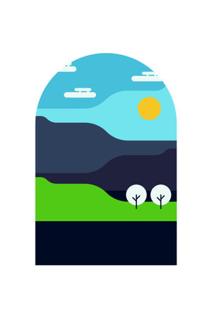 Flat Minimalist Colorful Landscape Poster for Wall Art Decor. Contemporary Flat Minimalist Mountain Landscape Wall Art Poster Designのイラスト素材