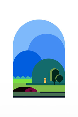 Flat Minimalist Colorful Landscape Poster for Wall Art Decor. Contemporary Flat Minimalist Mountain Landscape Wall Art Poster Designのイラスト素材