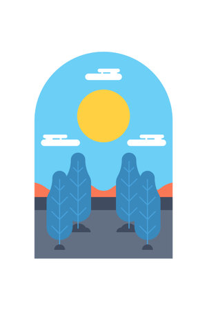 Flat Minimalist Colorful Landscape Poster for Wall Art Decor. Contemporary Flat Minimalist Mountain Landscape Wall Art Poster Designのイラスト素材