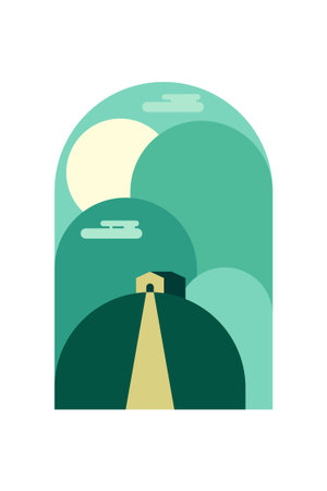 Flat Minimalist Colorful Landscape Poster for Wall Art Decor. Contemporary Flat Minimalist Mountain Landscape Wall Art Poster Designのイラスト素材