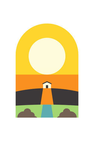 Flat Minimalist Colorful Landscape Poster for Wall Art Decor. Contemporary Flat Minimalist Mountain Landscape Wall Art Poster Designのイラスト素材