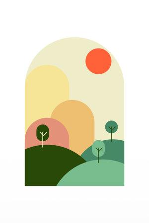 Flat Minimalist Colorful Landscape Poster for Wall Art Decor. Contemporary Flat Minimalist Mountain Landscape Wall Art Poster Designのイラスト素材