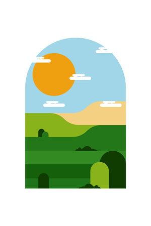 Flat Minimalist Colorful Landscape Poster for Wall Art Decor. Contemporary Flat Minimalist Mountain Landscape Wall Art Poster Designのイラスト素材