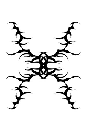 Elegant vertical neo tribal tattoo design with sharp black curves and symmetrical balance, perfect for modern tattoo art and graphic decoration.のイラスト素材