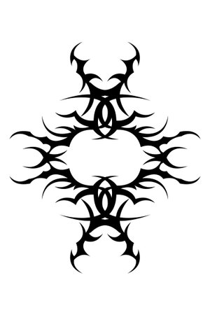 Abstract neo tribal ornament artwork featuring intricate symmetrical lines, inspired by traditional tribal tattoo aesthetics in a modern style.のイラスト素材