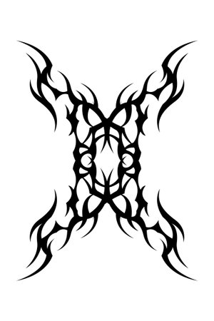 Black ornamental tattoo design inspired by neo tribal art, featuring vertical alignment and harmonious symmetrical shapes.のイラスト素材