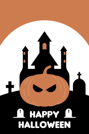 Minimalist Halloween Design with Cute Spooky Place Illustration. Cute and Minimal Halloween Illustration with Spooky Night Atmosphereのイラスト素材