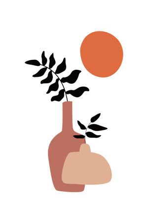 Minimalist Plant Artwork with Organic Boho Vase Shapes. Modern Boho Botanical Illustration with Minimalist Abstract Vases.のイラスト素材