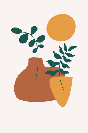 Minimalist Plant Artwork with Organic Boho Vase Shapes. Modern Boho Botanical Illustration with Minimalist Abstract Vases.のイラスト素材