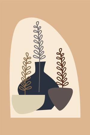 Minimalist Plant Artwork with Organic Boho Vase Shapes. Modern Boho Botanical Illustration with Minimalist Abstract Vases.のイラスト素材