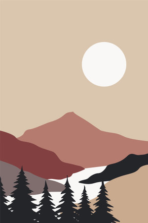 Contemporary mountain boho background illustration. Flat landscape mountain view wall art decor.のイラスト素材