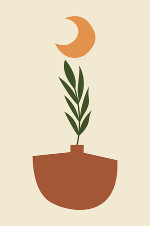 Modern Abstract Botanical Illustration with Stylized Plants and Vases. Minimalist Abstract Botanical Panels with Organic Shapesのイラスト素材