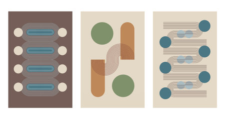 Set of three abstract mid century modern wall art designs featuring geometric shapes, organic lines,...