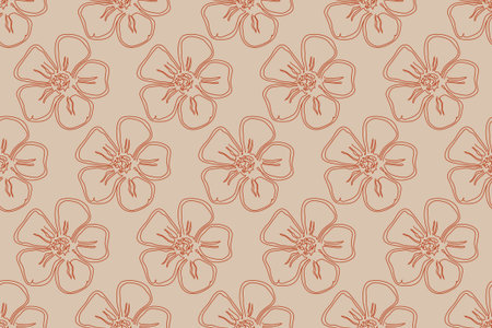 Seamless floral pattern featuring minimalist hand drawn botanical line art. Soft pastel background...