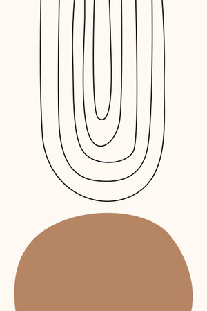 Minimal boho abstract wall art featuring botanical leaves, arches, sun shapes and organic geometric forms in earthy neutral tones.のイラスト素材