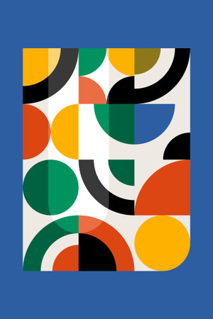 Abstract mid century modern wall art featuring geometric shapes, circles, arches and bold retro...
