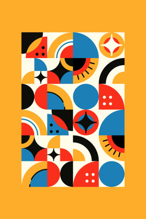Abstract mid century modern wall art featuring geometric shapes, circles, arches and bold retro...
