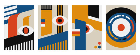 Mid Century Modern Abstract Geometric Posters Set with Retro Shapes and Bold Bauhaus Style Colors