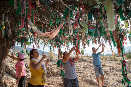 Elmali,Antalya,Turkey - 06-23-2016:A multicolored traditional wish tree in the village of Tekke