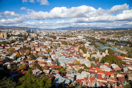 Tbilisi city panorama. river Kura, and the Bridge of Peace.