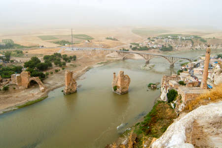 Hasankeyf ancient city on the Tigris river, historical bridge and sky view