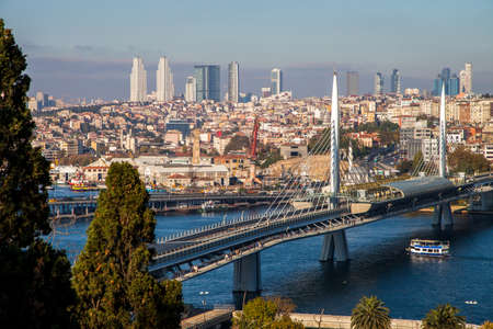 Beyoglu,Ä°stanbul/Turkey - 11/05/2015 :View of Golden Horn metro bridge and new istanbulのeditorial素材