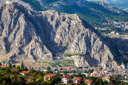Mountains, historical castle view and rock tombs view Amasya province