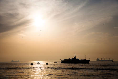 Sunset Marmara sea and ferry view in Istanbulの写真素材
