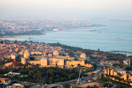 Istanbul,Turkey - 06-14-2017:Historical Yedikule walls, Marmara Sea and Bosphorus view,Istanbulのeditorial素材