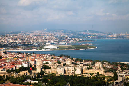 Istanbul,Turkey - 06-14-2017:Historical Yedikule walls, Marmara Sea and Bosphorus view,Istanbulのeditorial素材